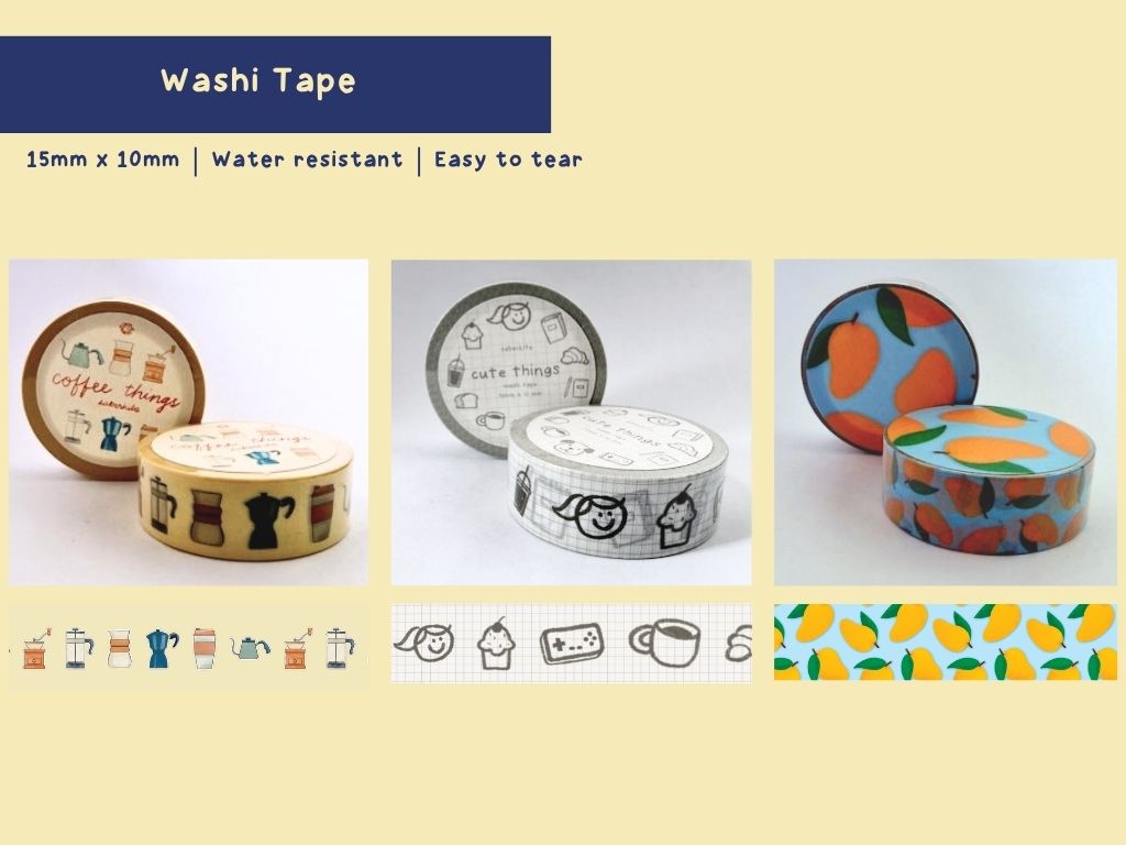 Photos of washi tapes. First photo is of various coffee equipment, next photo is of things the artist likes, third photo is a mango pattern washi.