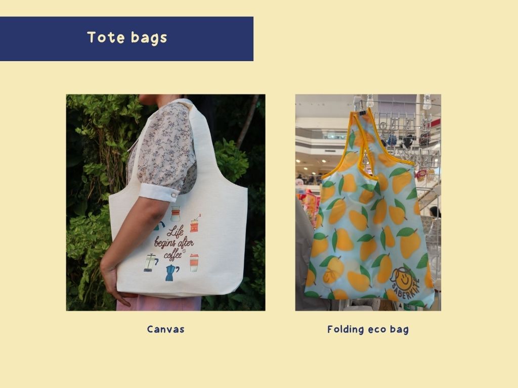 A photo of bags. One is a canvas tote with coffee themed design, the other is a foldable eco bag with mango pattern design